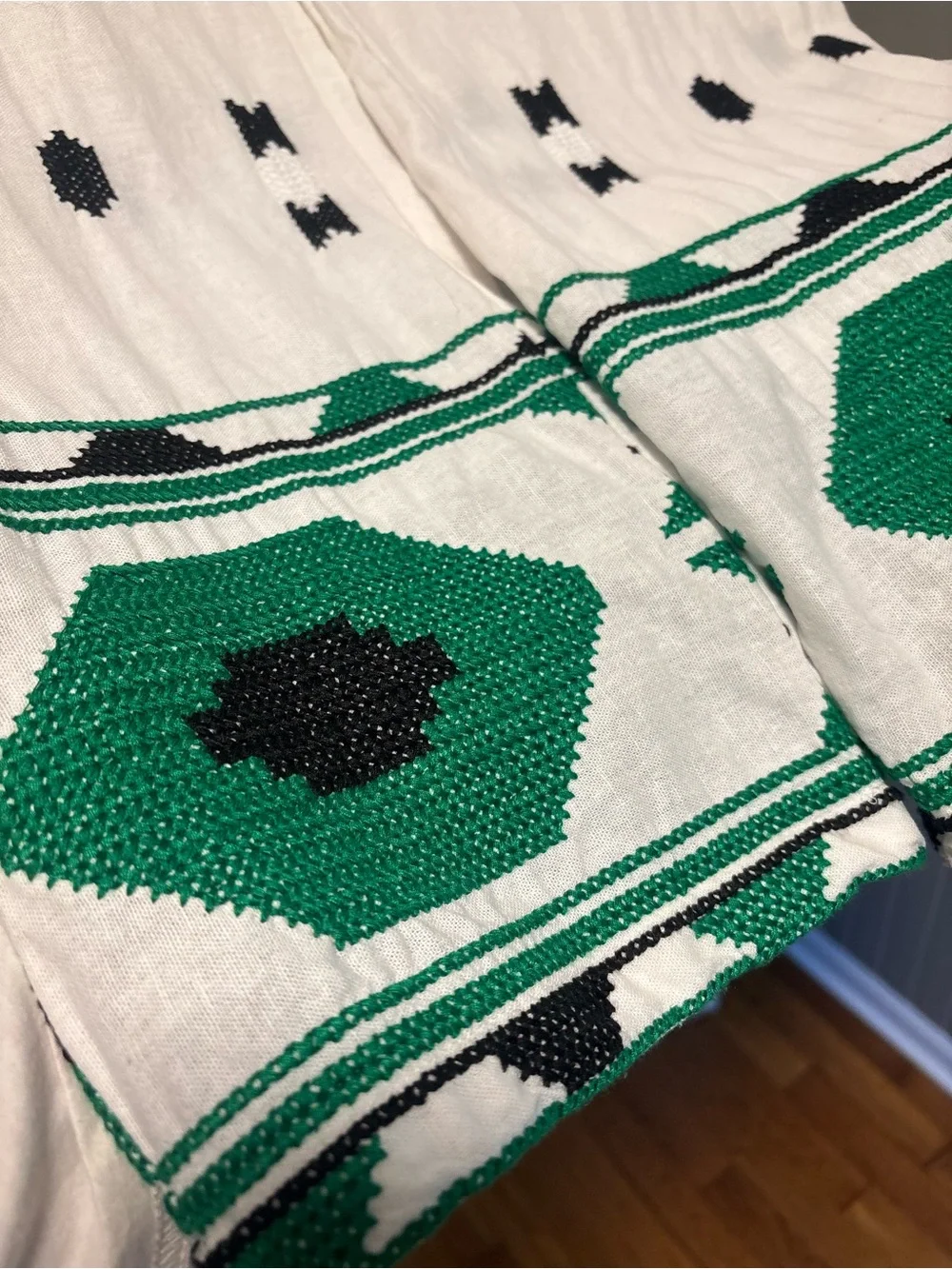 Zara Embroidered Linen Blend Cropped Straight Leg Pants White Green Large